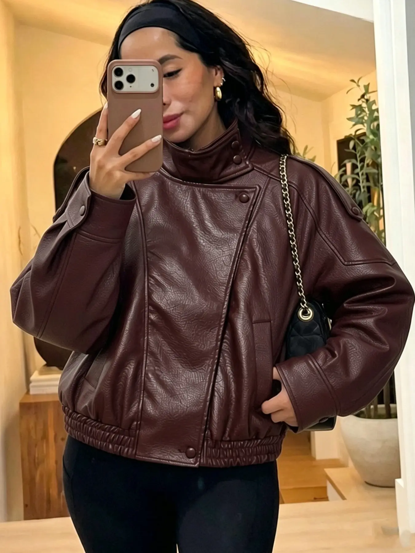 Women's Faux Leather Motorcycle Jacket, Casual Fall Jacket, Spring Mid-Season Asymmetric Zip Streetwear Casual Outerwear, Black and Brown High Neck Turtleneck Long-Sleeve Jacket, Womenswear, Coats