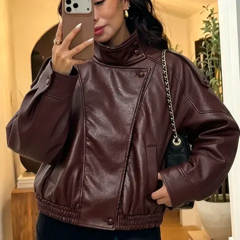Women's Faux Leather Motorcycle Jacket, Spring Mid-Season Asymmetric Zip Streetwear Fashion Casual Outerwear, Black and Brown High Neck Turtleneck Long-Sleeve Jacket, Womenswear, Coats