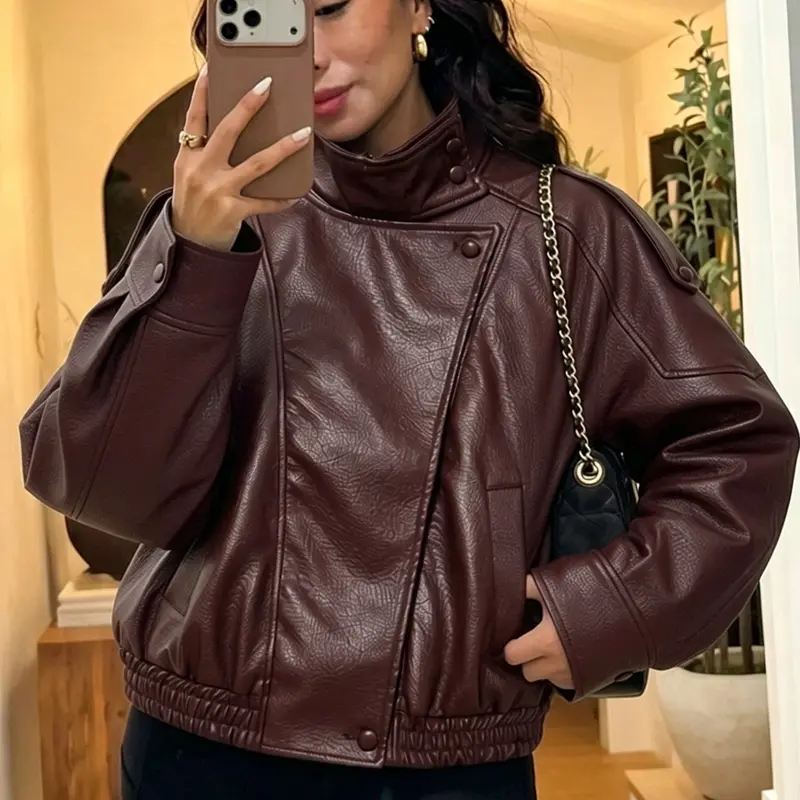 Women's Faux Leather Motorcycle Jacket, Spring Mid-Season Asymmetric Zip Streetwear Fashion Casual Outerwear, Black and Brown High Neck Turtleneck Long-Sleeve Jacket, Womenswear, Coats