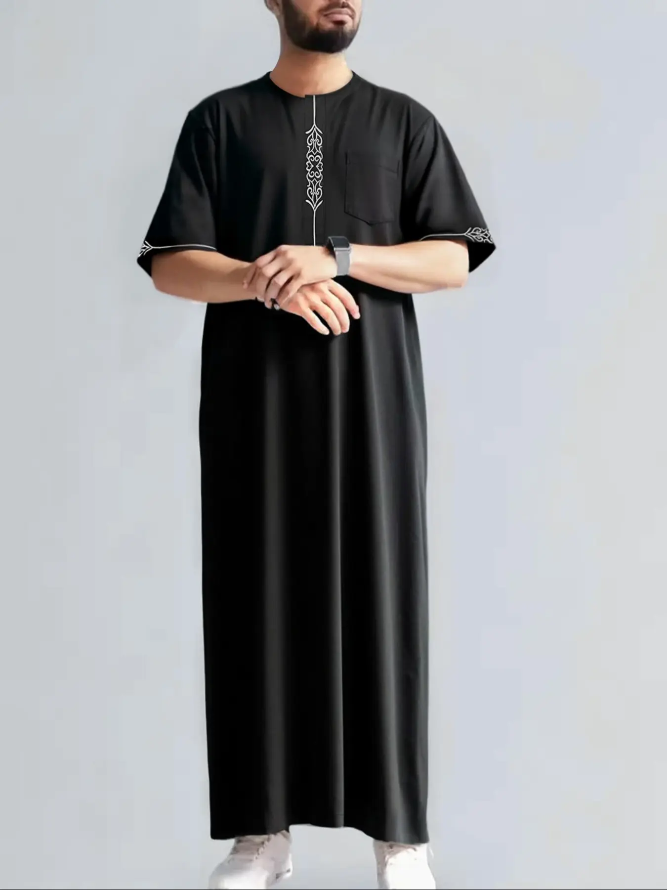 Men's Middle Eastern Long Robe, Traditional Arabic Robe, Islamic Robe, with Embroidered Pockets, Ethnic Style Floral Design, Traditional Festival Clothing, For Muslim, Modesty Thobe, Jubba Thobe