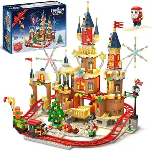 Christmas Castle Roller Coaster Building Set with Lights - 2025 Castle Village Rollercoaster Building Blocks House Xmas Tree Train Santa Claus Playset Gift for Adults Kids Boys Girls -1232PCS