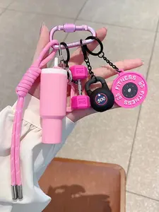 Trendy Fitness Tumbler Keychain Set, Mini Water Bottle Charm with Kettlebell & Barbell Plate Accessories, Braided Rope Lanyard Bag Charm for Backpacks & Keys, Aesthetic Gift for Teens & Gym Lovers