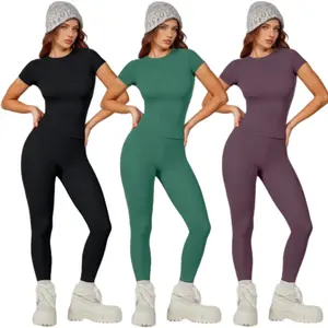 Women Seamless Jumpsuit Outfit Short Sleeve Stretch Sweatpants Tummy Control High Waist Workout Gym Crew Neck Outfits Gym Yoga Fitness Purple Butt Lifting Set