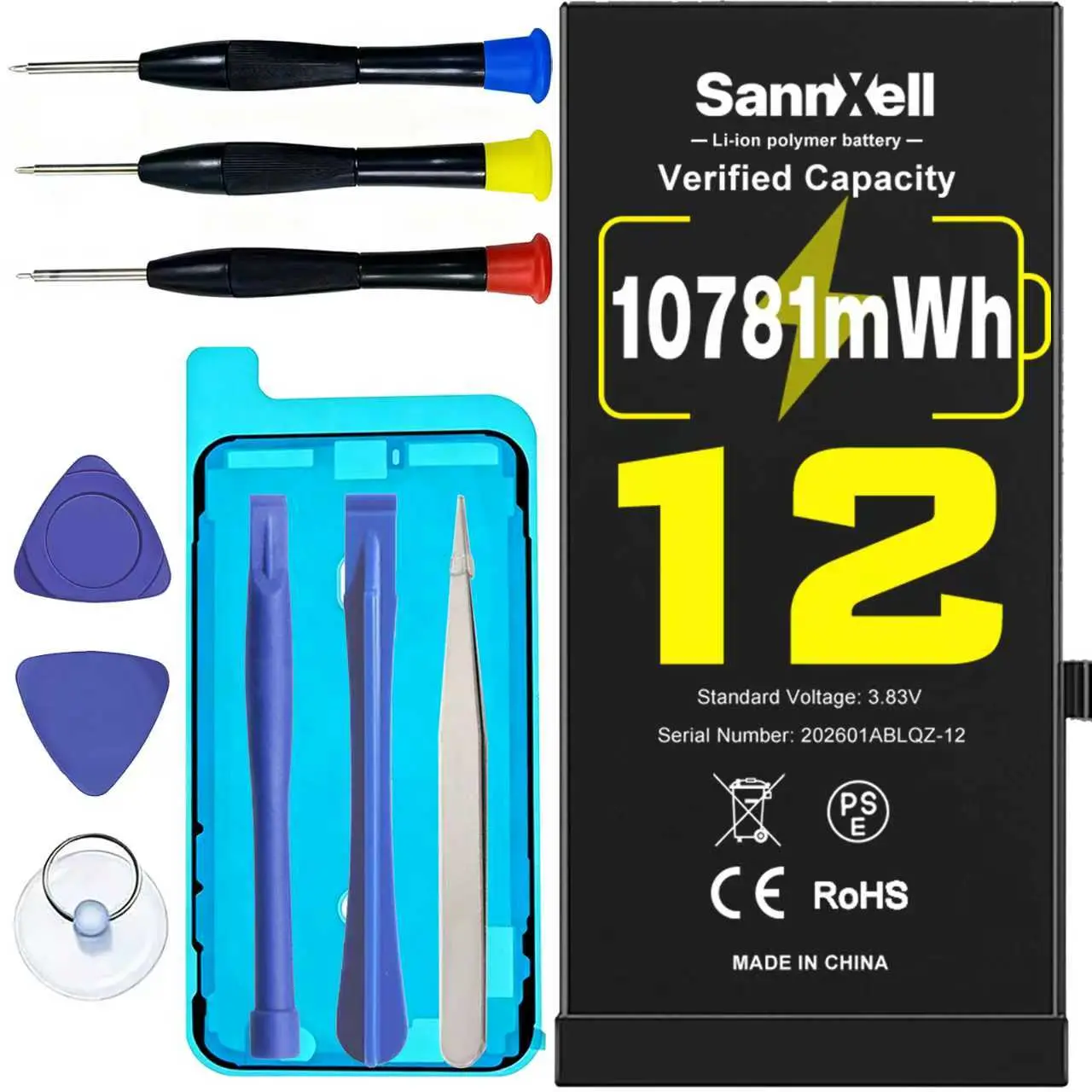 SannXell Upgraded High Capacity Battery for iPhone 12 Replacement, 10781mWh 0 Cycle A2172 A2402 A2403 A2404 Model, Ultra Long Lasting Li-ion Battery for iPhone 12, with Full Repair Tool Kit, Accessories, Batteries