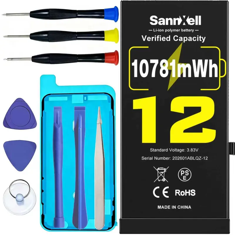 SannXell Upgraded High-Capacity Lithium Polymer Replacement Battery for iPhone 12 (A2172,A2402,A2403,A2404) - 10781mWh,2815mAh,0 Cycle, Ultra Long-Lasting, Full Repair Kit, Metal Secure Connector, Auto Power-Lock Tech, Aluminum Foil Mobile Accessories
