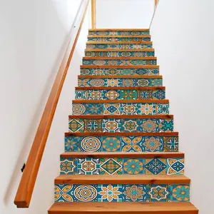 Geometric Pattern Stair Sticker, 13pcs/set Waterproof Self Adhesive Stair Wall Tile Sticker, Removable Wall Sticker for Home Hotel Bathroom Decor