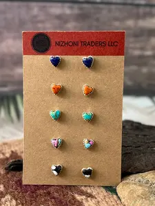Handmade Sterling Silver Lapis, Orange Mojave, Kingman, Cotton Candy and White Buffalo Turquoise Post Studs Heart Earrings Card Set