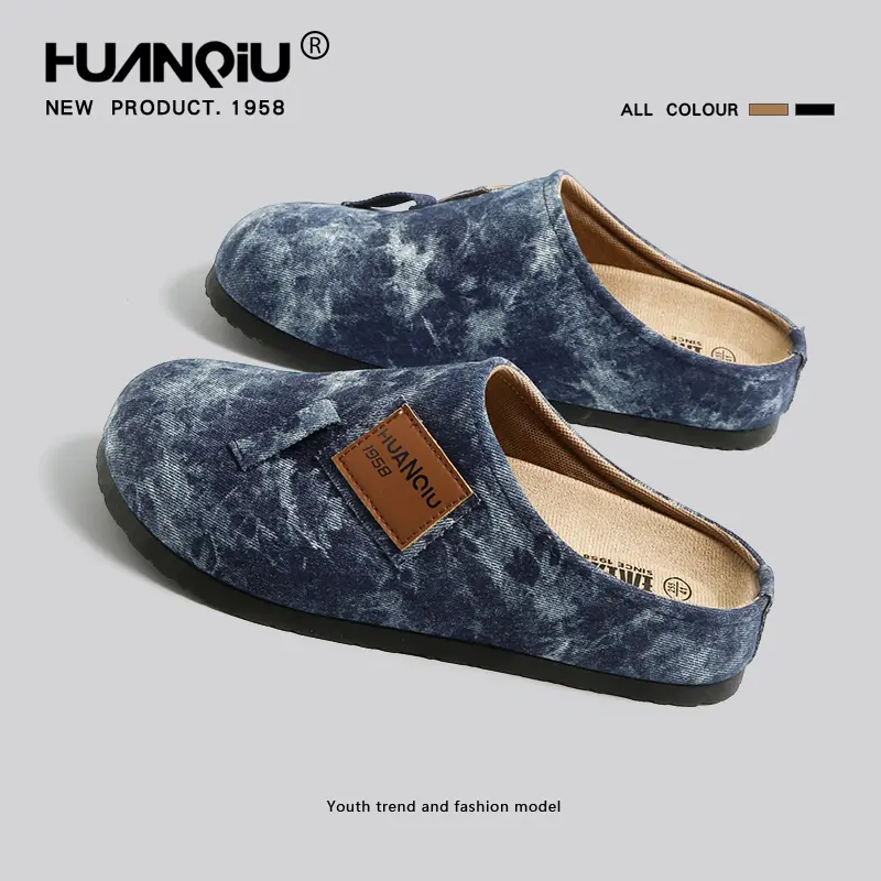 HUANQIU Men's Basic Casual Canvas Slip-on Mules-Clogs - Lightweight, Breathable, Soft, Non-slip, Flat-soled Denim & PVC Synthetic Footwear for Daily Wear, Travel