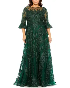 Mac Duggal Plus High Neck Flutter Sleeve Embroidered A-Line Gown