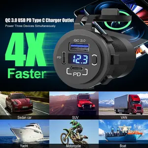 Dual USB Quick Charge 3.0 Port & PD USB C Car Charger Socket, 12V USB Outlet with Voltmeter and Power Switch for Car Boat Marine Truck Atv Rv