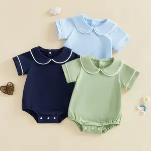 Babamoon Newborn Infant Baby Boys Girls Summer Romper Solid Color Short Sleeve Doll Collar Jumpsuit Onesie Bodysuit 0-18 Months