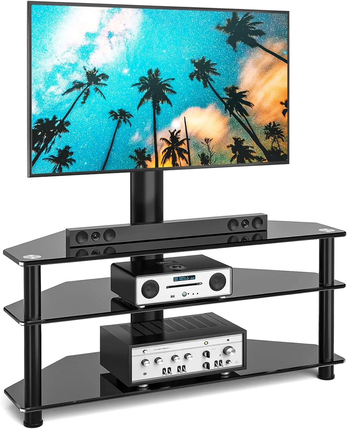 Rfiver Swivel Glass TV Stand with Mount for 32-70 Inch Flat or Curved Screen TV up to 110lbs