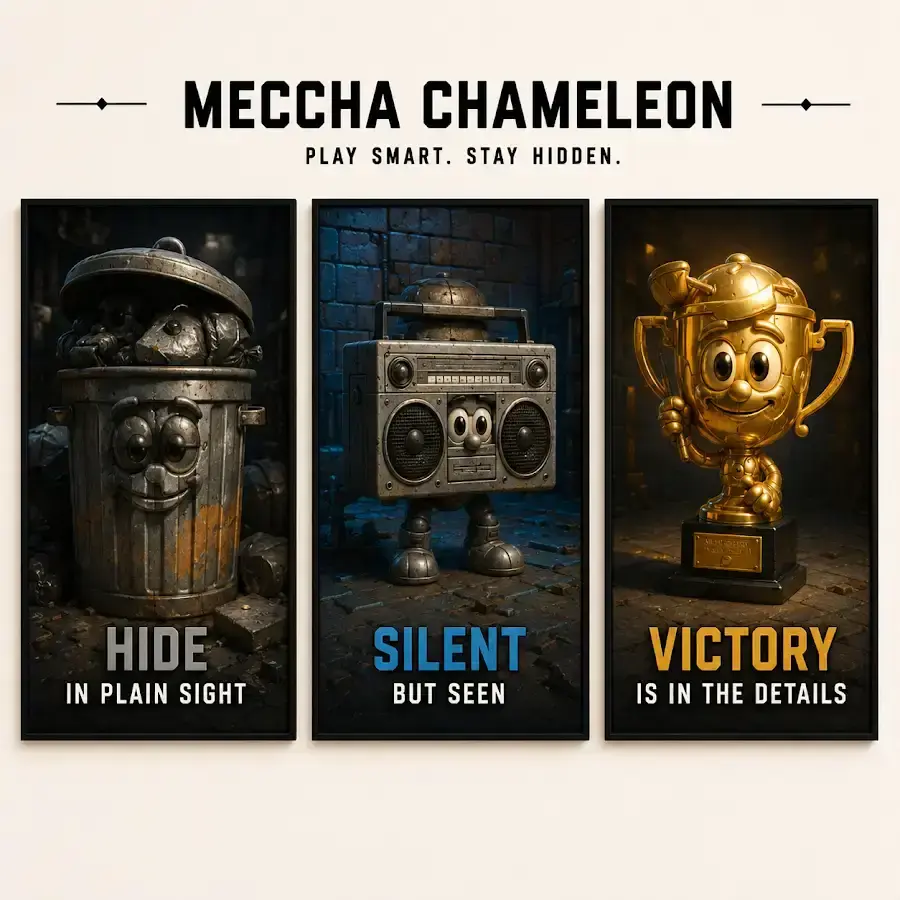 Meccha Chameleon Trophy & Radio Prop 3 Piece Set, Stealth Disguise Wall Decor, Modern Gamer Bedroom Poster Prints