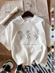 Women's Floral & Letter Print Round Neck Tee, Casual Short Sleeve Crew Neck T-shirt for Summer, Fashion Women's Top for Daily Wear