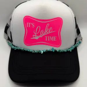It's Lake Time Trucker Hat for Men and Women - Trendy Summer Snapback with Distressed Design and Colorful Beads