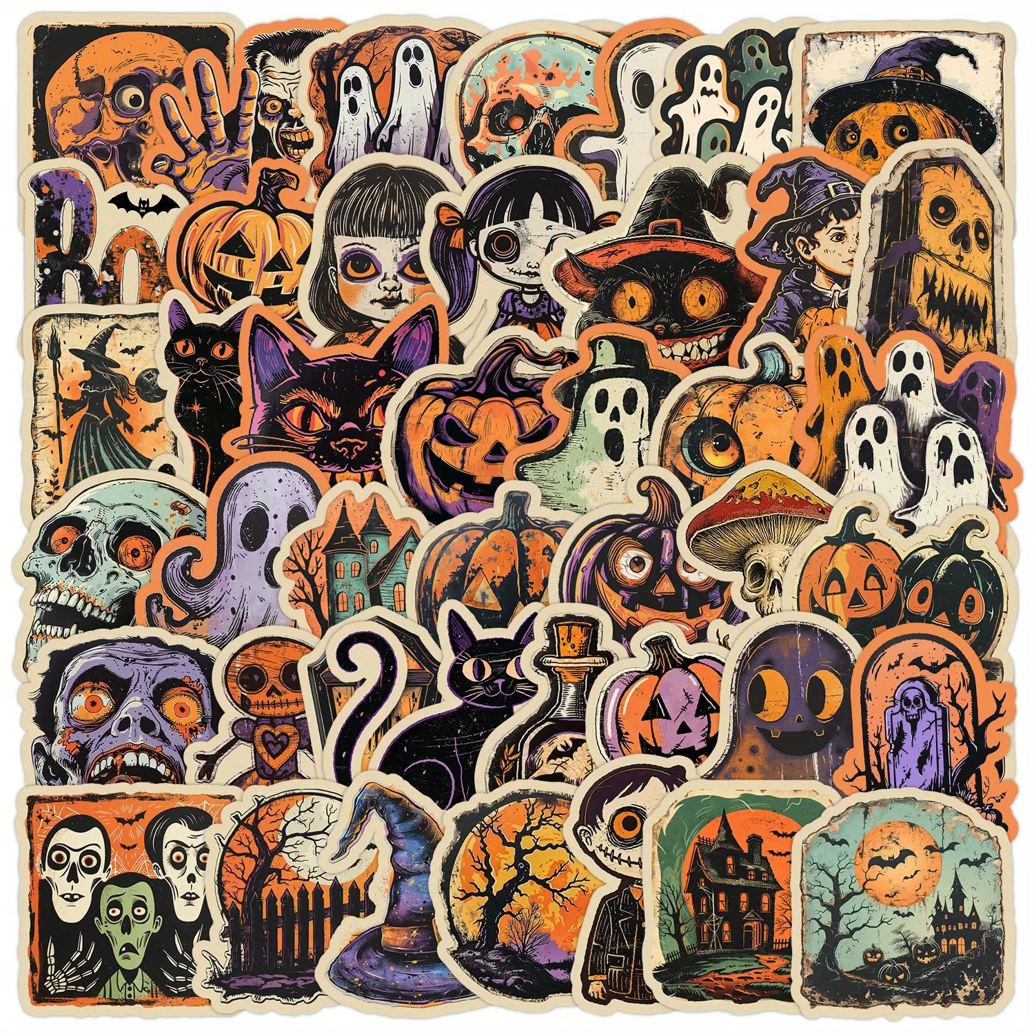 50pcs Retro Halloween Series Stickers, Includes sticker, Suitable for Faith-based Designs Such As Scrapbooks, Diaries, Laptops, Water Bottles, Cars, with Positive Messages As Gifts, Car Decals, Skull Decal