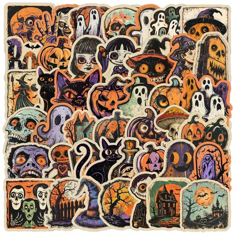 50pcs Retro Halloween Series Stickers, Includes sticker, Suitable for Faith-based Designs Such As Scrapbooks, Diaries, Laptops, Water Bottles, Cars, with Positive Messages As Gifts, Car Decals, Skull Decal
