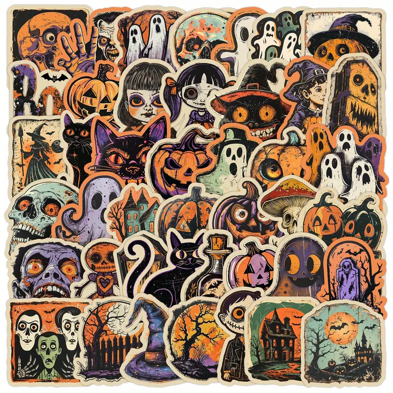 50pcs Retro Halloween Series Stickers, Includes sticker, Suitable for Faith-based Designs Such As Scrapbooks, Diaries, Laptops, Water Bottles, Cars, with Positive Messages As Gifts, Car Decals, Skull Decal