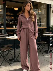 Two piece set of women's fashionable, high-end, relaxed, plain textured long sleeved shirt+high waist wide leg pants set, suitable for all seasons, suitable for short trips, exploring stores, shopping, daily home, workplace, commuting