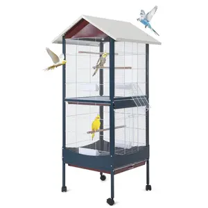 66" Heavy Duty Bird Cage for 4-8 Medium Large Birds, 55lbs Wrought Iron Rolling Flight Cage for Parrots Conures Cockatiels, Mobile Birdhouse with Slide-Out Tray & 4 Feeders, Unique Yellow & Green Multi-Bird Villa, No-Tip Stable Design