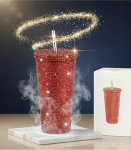 Custom luxury bling Rhinestone RED vacuum Tumbler 304 Stainless Steel INSULTATED CUP with for Party Hot/cold 500ml  16.9 Onzas.