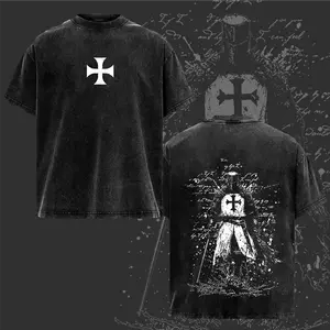 Crusader Cross Knight Graphic T-Shirt, Vintage Washed Oversized Unisex Streetwear Tee, Dark Christian Warrior Shirt, Faith Gift