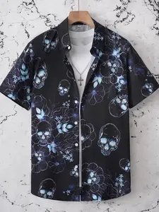 Men's Skull Print Short Sleeve Shirt, Regular Fit Casual Fashion Comfy Top for Summer, Men's Clothes for Daily Wear, Casual Streetwear Shirt, Casual Style Shirt