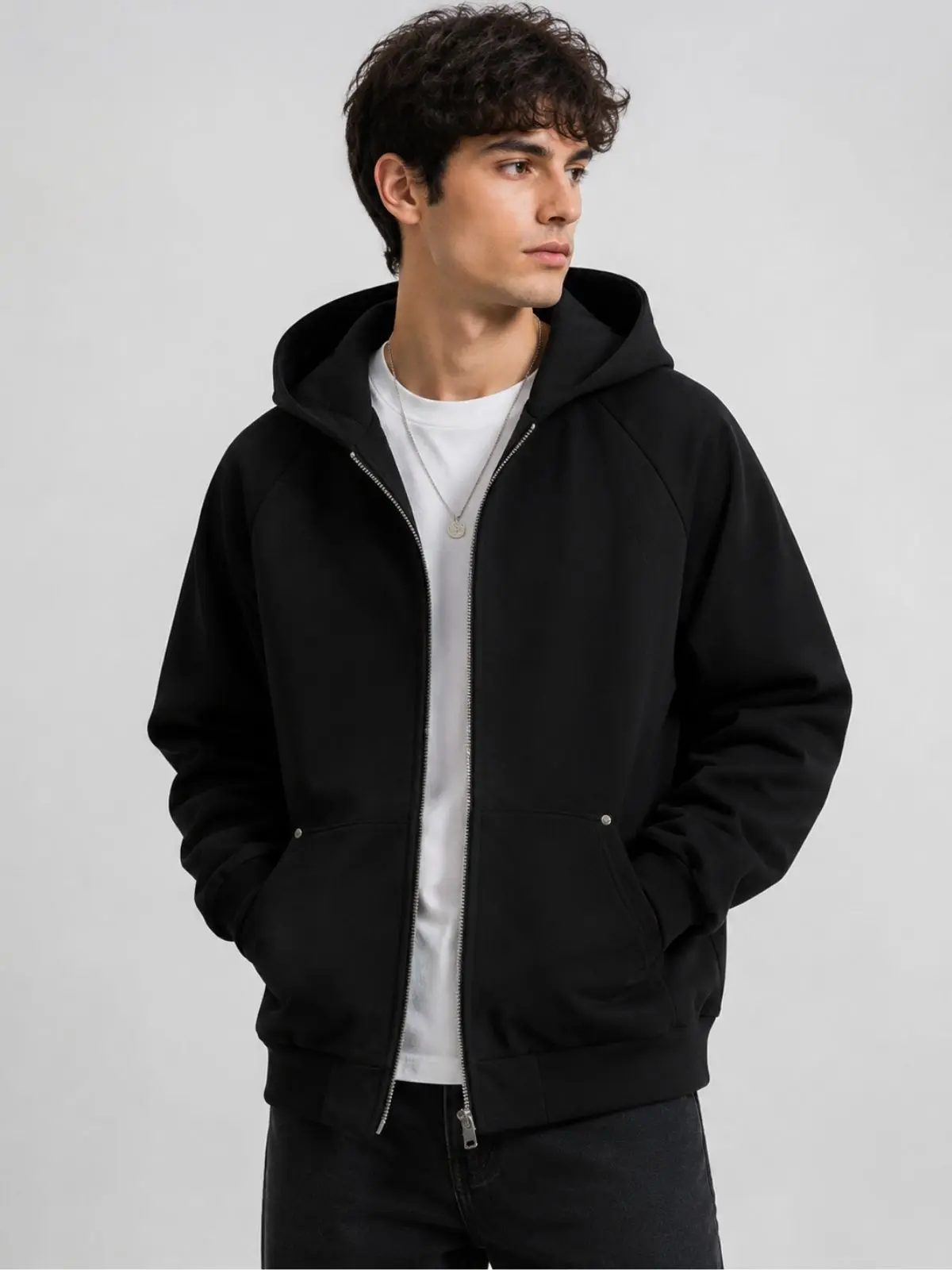 Men's Casual Patchwork Hoodie Jacket, Loose-Fit Polyester Hooded Sweatshirt with Studded Pockets for Everyday Wear, Polyester Clothes