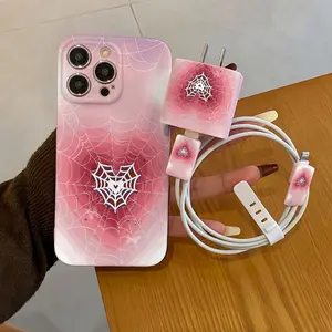 5 Piece Set Spider Web Gradient Heart Phone Case, Charger Head Cover, Cable Protector, Storage Rope, Anti-Drop Tpu Case for iPhone
