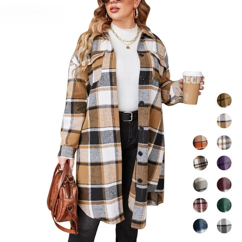2025  Womens Plus Size Flannel Plaid Shirts Long Sleeve Lounge Lapel Boyfriend Button Down Tartan Long Jacket Coats #   US 2025 Deals for You Days Womenswear Check