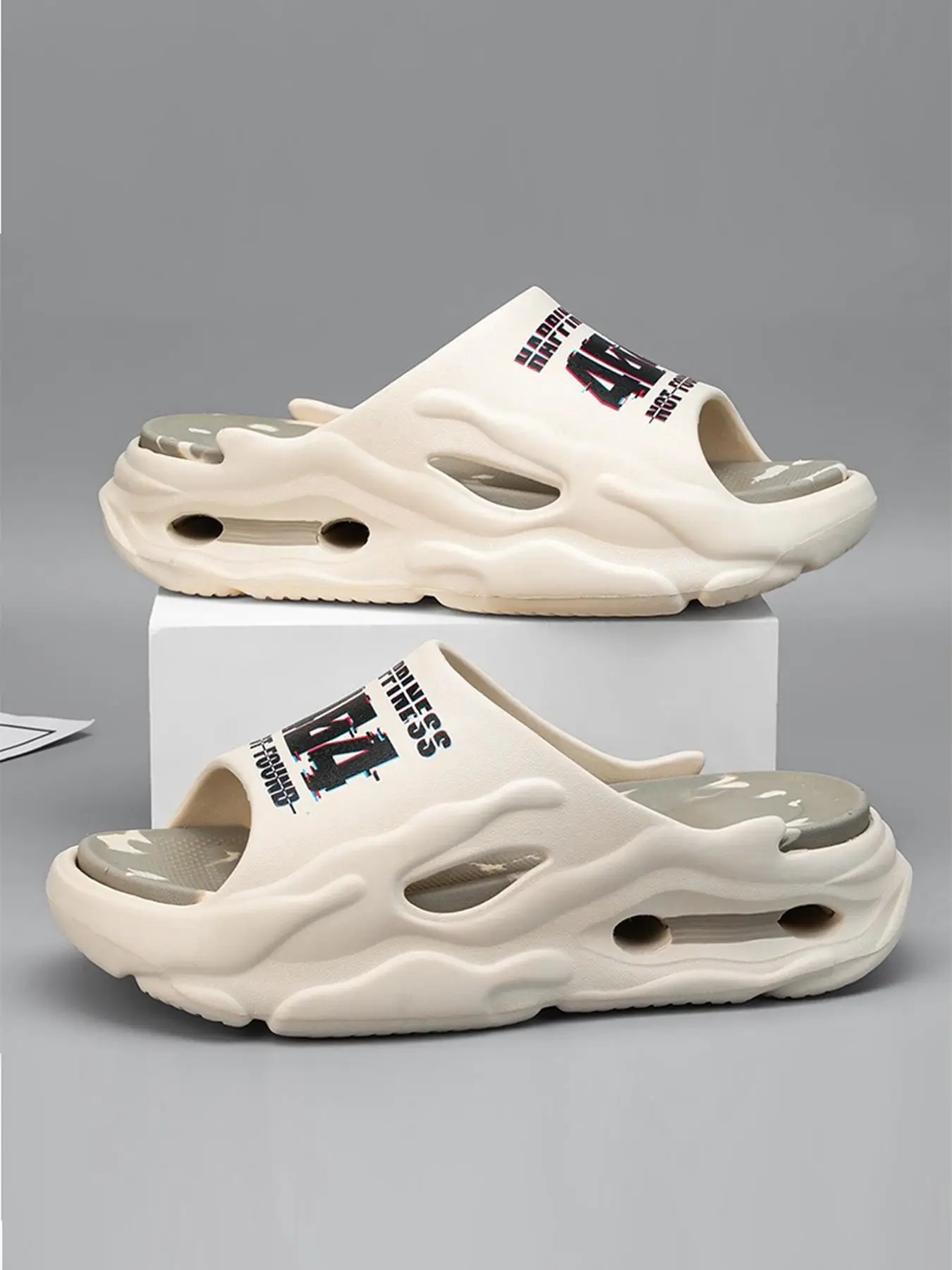 Men's Casual Letter Print Chunky Slides, Thick Sole Slippers, Summer Soft Comfortable Eva Home House Non-slip Slippers for Indoor Outdoor Wear, Flat S