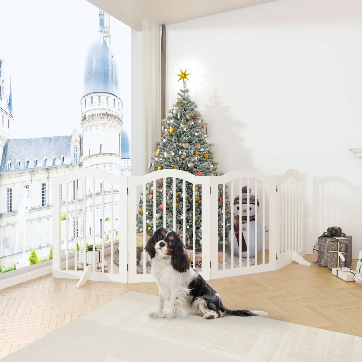 Solid Wood 4-Panel Pet Safety Fence - 27.6in Tall Foldable Freestanding Dog Gate with Support Legs, Floor Protectors, MDF Boards, Heavy-Duty for Stairs, Halls, Bedrooms, Universal