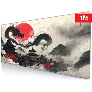 Traditional East Asian Artwork Gaming Mouse Pad, 15.7x35.4inch, Massive Black Dragon with Red Accents Coiled Around Ancient Pagoda - Style Buildings, Red Sun, Misty Mountains, Swirling Clouds, Red Flowers & Birds, Non - Slip Base Stitched Edges, Idea