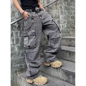 (Niche treasure)Manfinity EMRG Loose Fit Men's Flap Pocket & Side Panel Cargo Jeans (Without Belt)