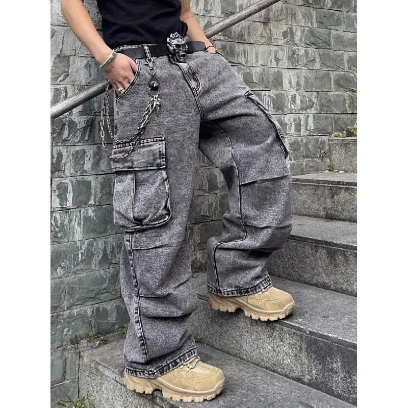 (Niche treasure)Manfinity EMRG Loose Fit Men's Flap Pocket & Side Panel Cargo Jeans (Without Belt)
