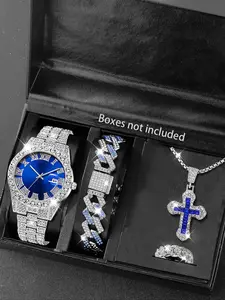 Men's Luxury Rhinestone Quartz Watch Set with Jewelry, Fashionable Jewelry Set, Stainless Steel Strap, Fashion Fall Trend, Perfect Gift for Men and Women