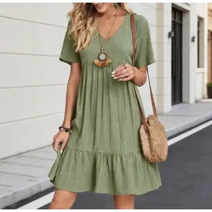 Women’s Summer Casual V-Neck Loose Fit Mini Dress Short Sleeve Ruffle Hem Flowy Peplum Dress Vacation Beach Outfit Sundress