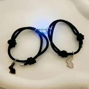 2pcs Thread Black White Love Simple Cute Cartoon Luminous Magnet Couple Bracelet With Small Faux Leather Case for Men