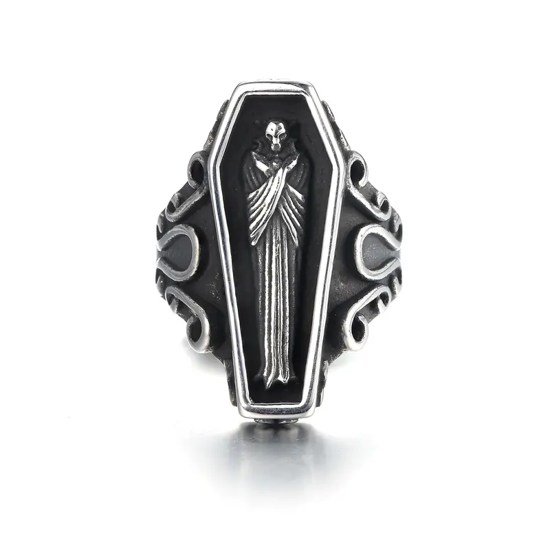 GTHIC Vampire Coffin Stainless Steel Skull Ring Non Tarnish Statement Jewelry for Men Women for Wedding Engagement Birthday Gift Size 5-16 Durability