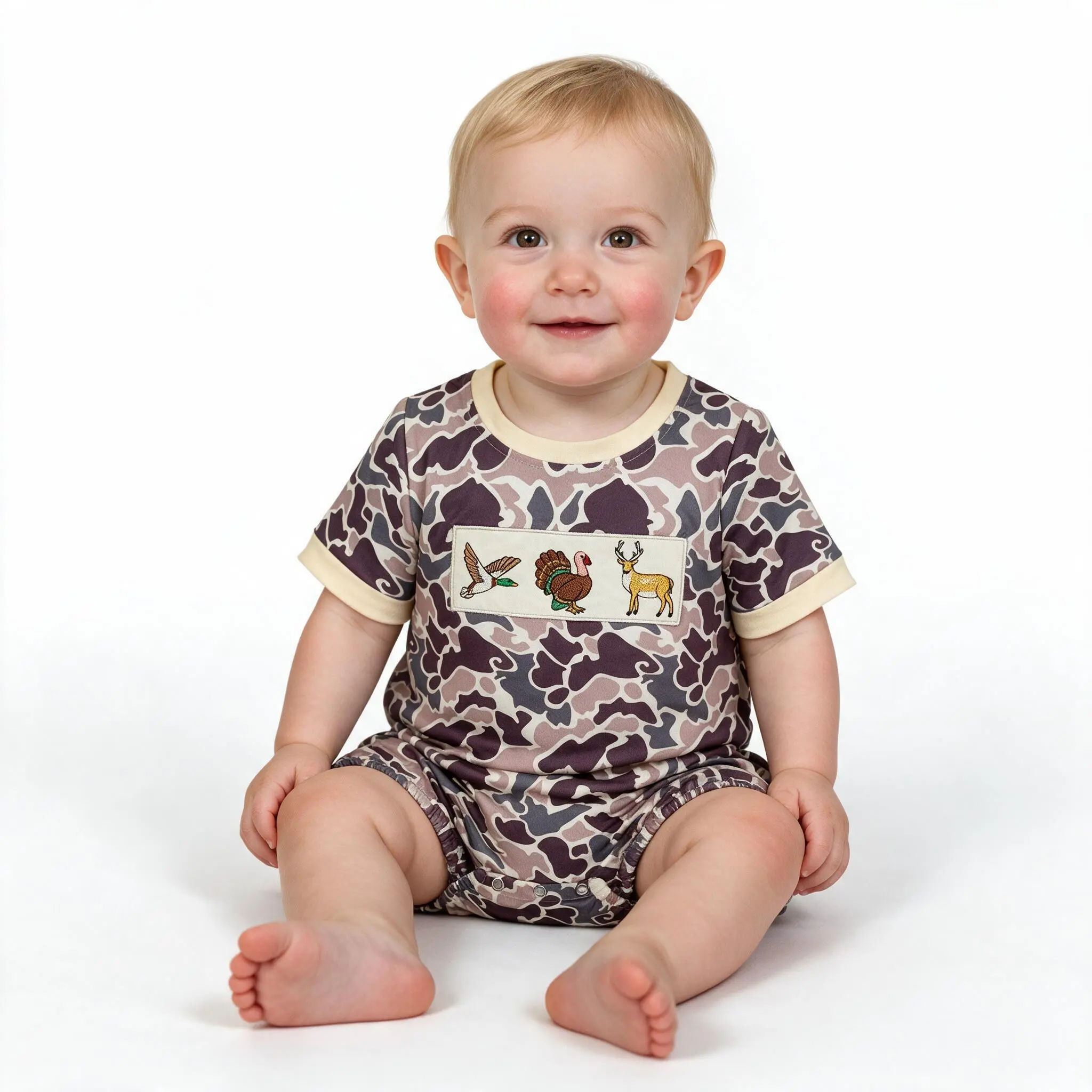 Hunting Camo Baby Boy Bubble Romper  Embroidered Duck, Turkey, Deer, Baby Boy Clothes