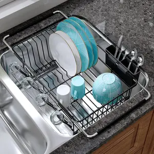Dish Drying Rack Over the Sink In Stainless Steel Black Expandable Drainer for Small Kitchen, Counter Space Saving Compact Inside Sink Plate Dryer, Adjustable Hanging Metal Wire Strainer Drain Holder
