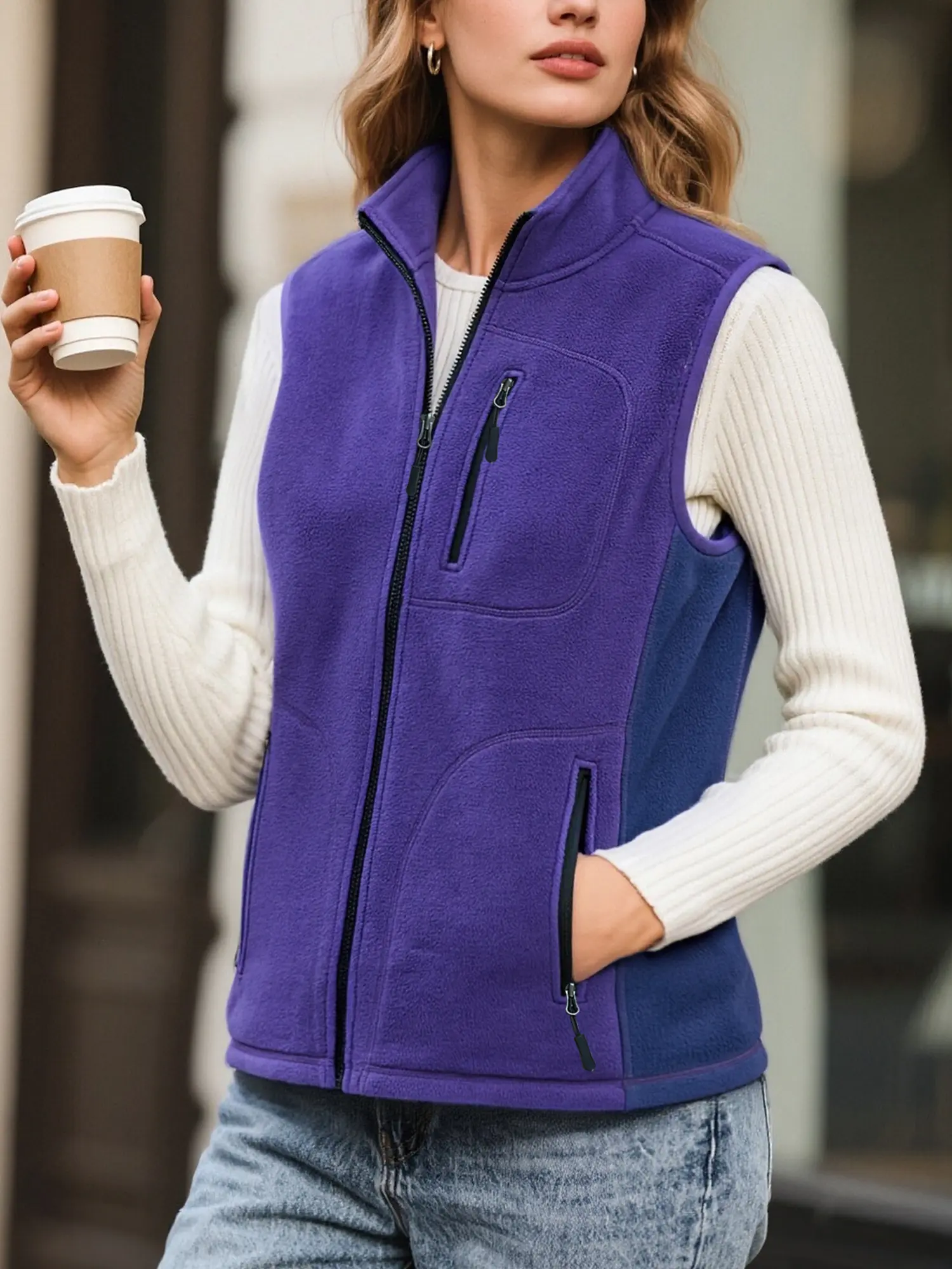Women's Full Zip Fleece Stand Collar Vest, Sleeveless Warm Polar Fleece Gilet With Multiple Zipper Pockets, Slim Fit Windproof Casual Outerwear Layering Waistcoat For Daily Walking Outdoor Everyday Fall Winter Outfits