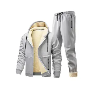 2025 New Men’s Sports Skiing Warm Two-Piece Set, Fashionable Hooded Wool-Lined Thick Sherpa Jacket + Cold-Resistant Warm Pants, Winter Warm Set, Suitable for Outdoor Activities in Autumn and Winter