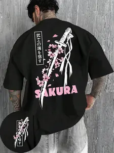 Men's Sakura Samurai Soul Graphic T-Shirt, Casual Loose Tee, Loose-Fitting Short Sleeve, Casual Outdoor Travel Party Streetwear, All Seasons