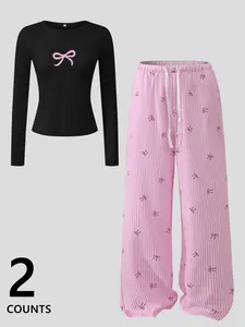 Elegant Bowknot Print Sleepwear Set, Comfortable Soft Breathable Two-Piece Pajama Set Loungewear, Includes Short Top & Home Pants, Ideal for Sleep & Daily Wear