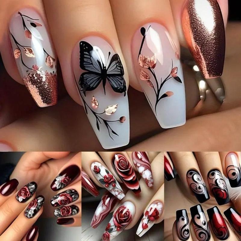 96pcs Press-On Nail Set 3D Butterfly Valentine's Day Heart & Rose Design Mid-Length Ballet Shape Mixed Color Glossy Finish Asy Application Removal Nail File Luxury Elegant Style for Parties Gatherings Daily Wear