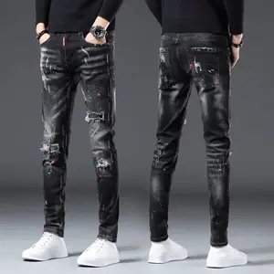 New Arrival Spring Autumn Denim Jeans for Men Slim Distressed Ripped Pants Paint Splatter Design Streetwear Slim Jeans