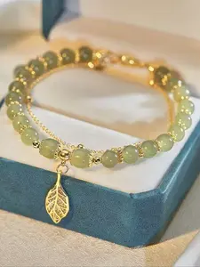 Valentine's Day Gift for Her, Elegant Leaf Charm Bracelet with Beads, Durable Uncoated Jewelry, Anniversary Birthday Present, Beaded Bracelet