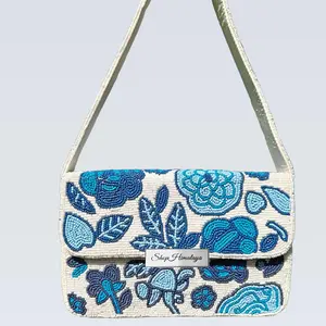 Handmade Beaded Floral Clutch Bag, Blue White Shoulder Purse, Boho Evening Bag, Beaded Bag, Shop Himalaya