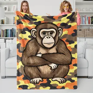 Cute Facecloth Sofa Blanket In Orange, Yellow, Black and Brown Camouflage Texture, Bedroom and Travel Use, All Seasons